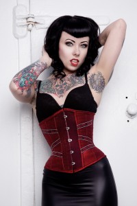 Megan is wearing an 18 inch waist Underbust, custom spiderweb ribbons added.