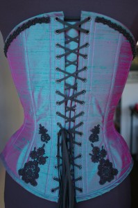 Lace applique on the back of Margo's custom beaded overbust